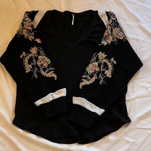 Free People Black V-Neck Sweater with Multicolor Embroidered Floral Sleeves